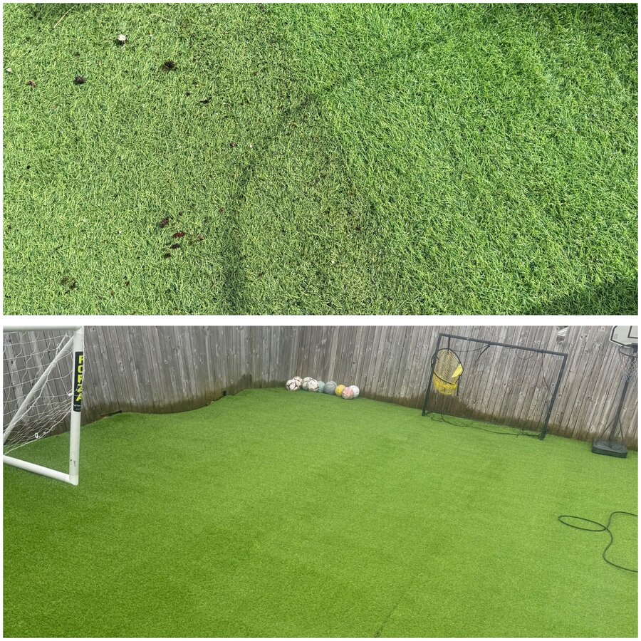 Artificial grass before and after: mossy and flattened on top, clean, bright and standing tall below