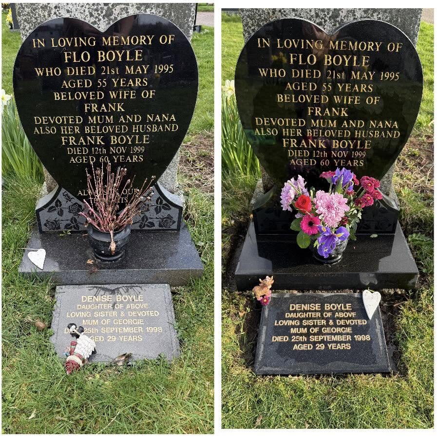 A family memorial before and after a visit: faded flowers on the left, and on the right the stone tended with a fresh arrangement of pink and purple flowers