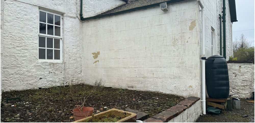 The same whitewashed wall clean and bright after soft washing